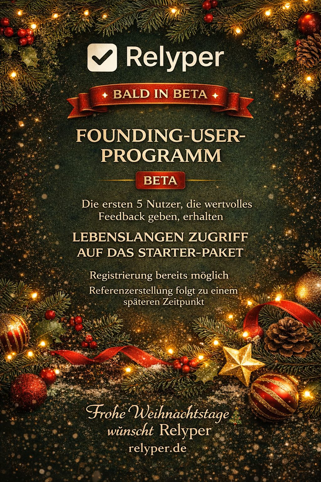 Relyper‑Weihnachtsflyer: Bald in Beta, Founding‑User‑Programm und lebenslanger Starter‑Zugang für frühes Feedback.