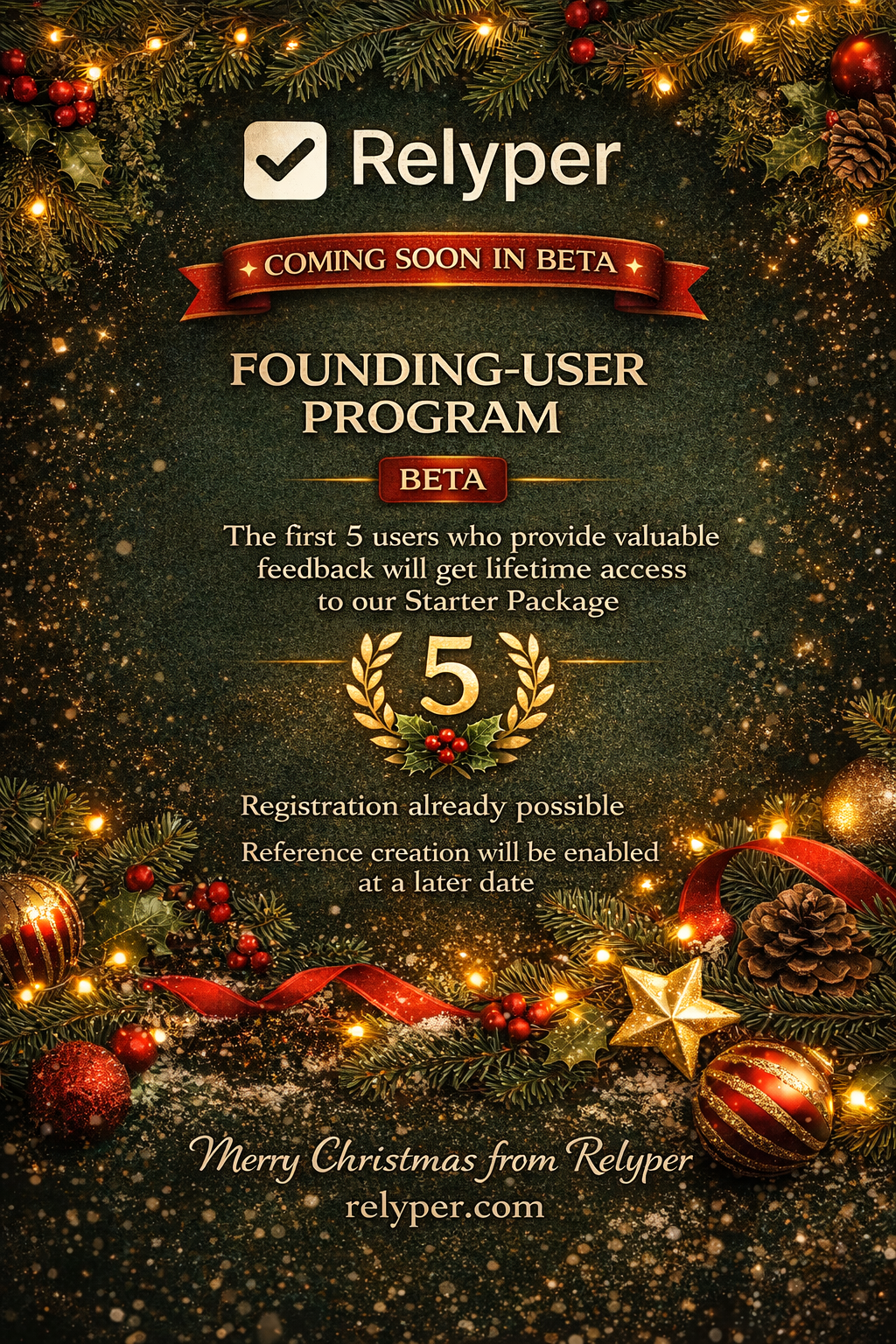 Flyer navideño de Relyper: próxima beta pública, programa Founding User y acceso de por vida al plan Starter para quienes den feedback temprano.