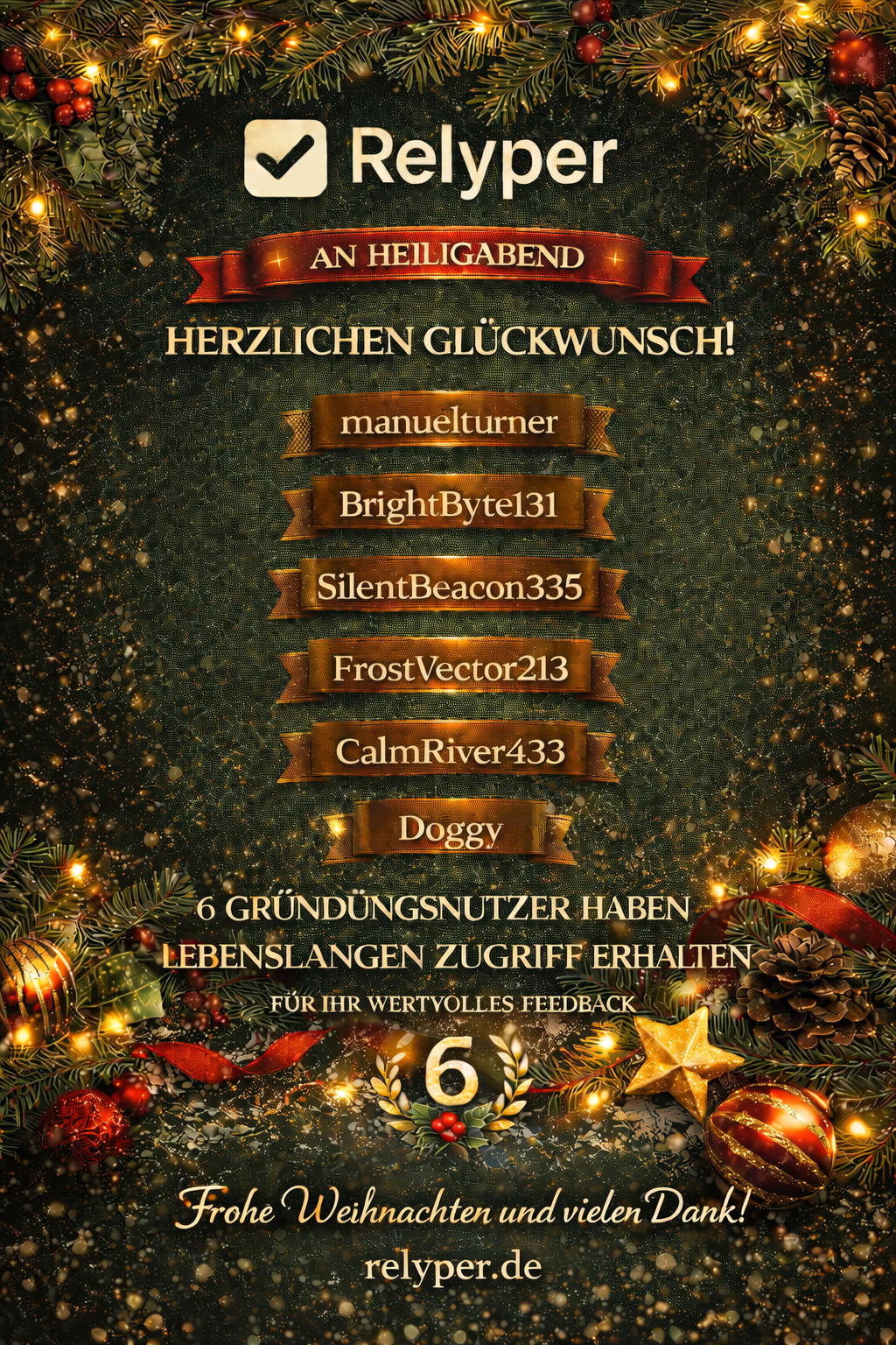 Relyper Heiligabend‑Update‑Flyer: 6 Founding User erhalten lebenslangen Zugriff auf den Starter‑Plan.