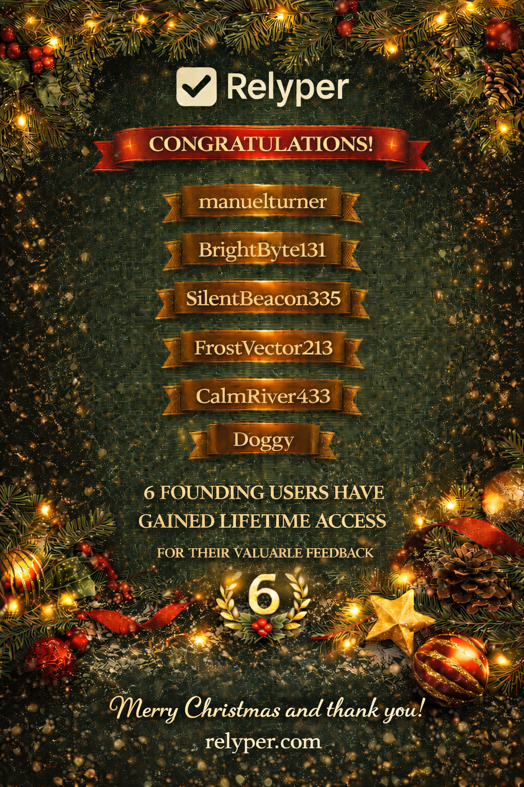 Flyer de actualización de Nochebuena de Relyper: 6 Founding Users reciben acceso de por vida al plan Starter.