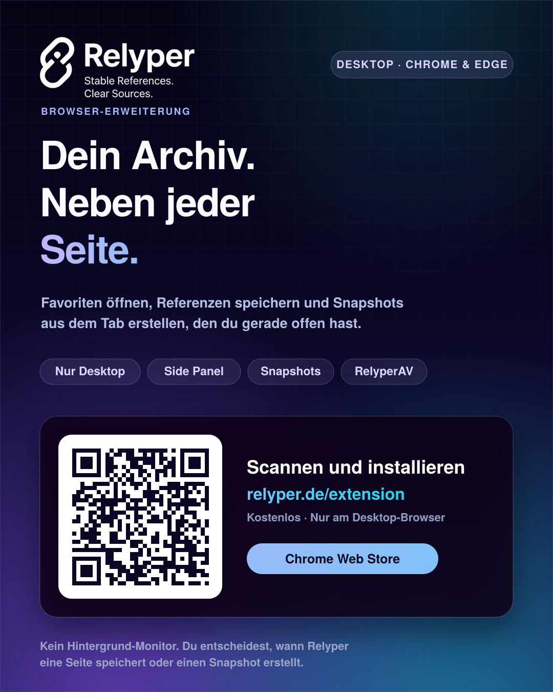 Relyper Launch-Flyer zur Browser-Erweiterung mit QR-Code.