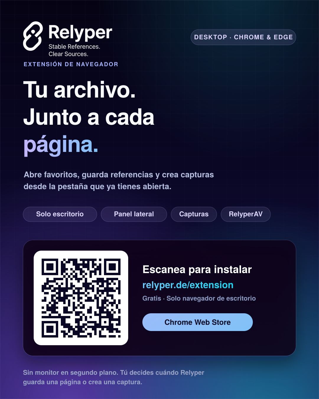 Flyer de lanzamiento de la extensión de navegador de Relyper con código QR.